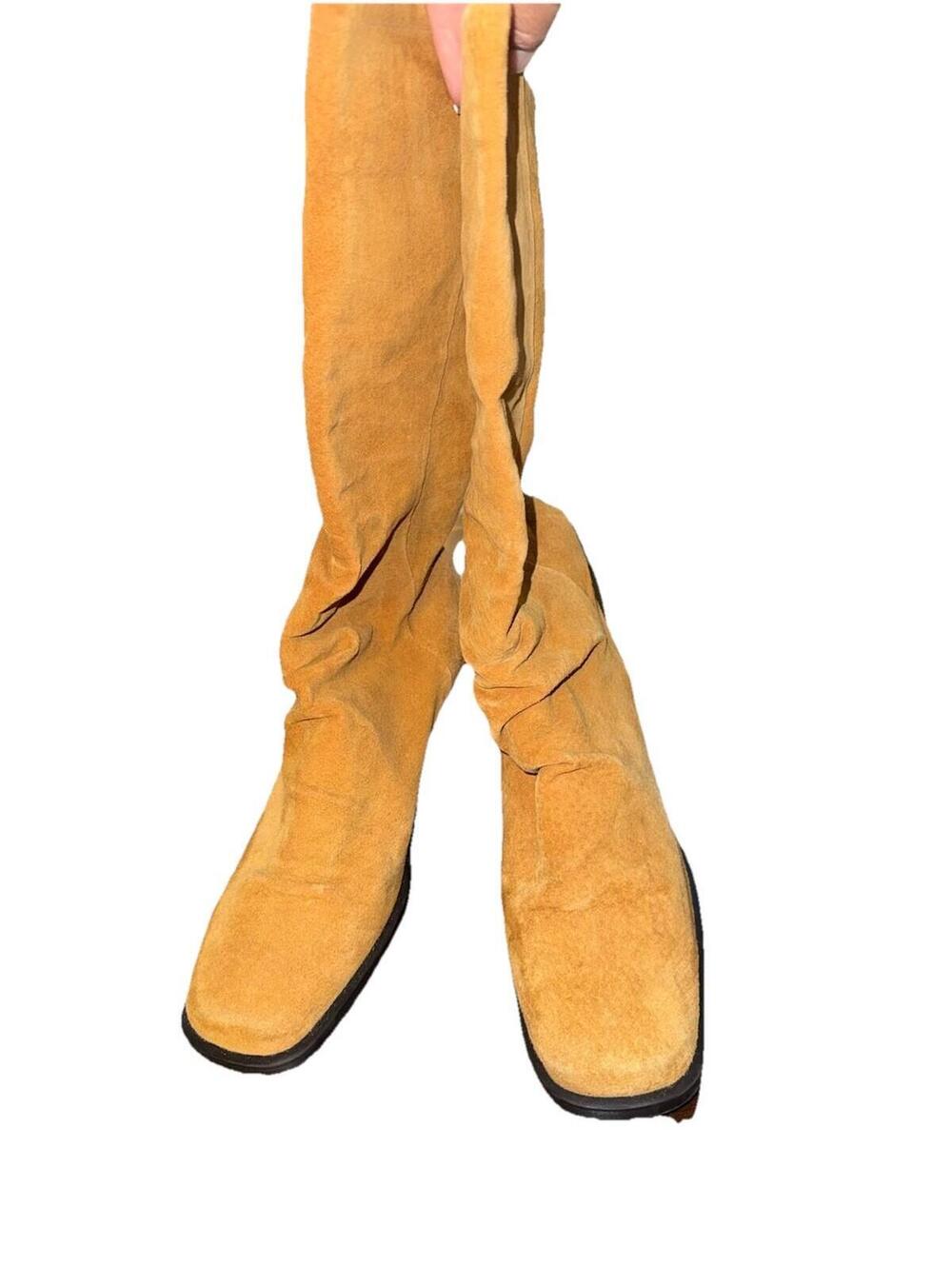 Slouch Mid-Calf Suede Boho Pull-On square toe Boots, "Simon", Size 8, Camel/Tan